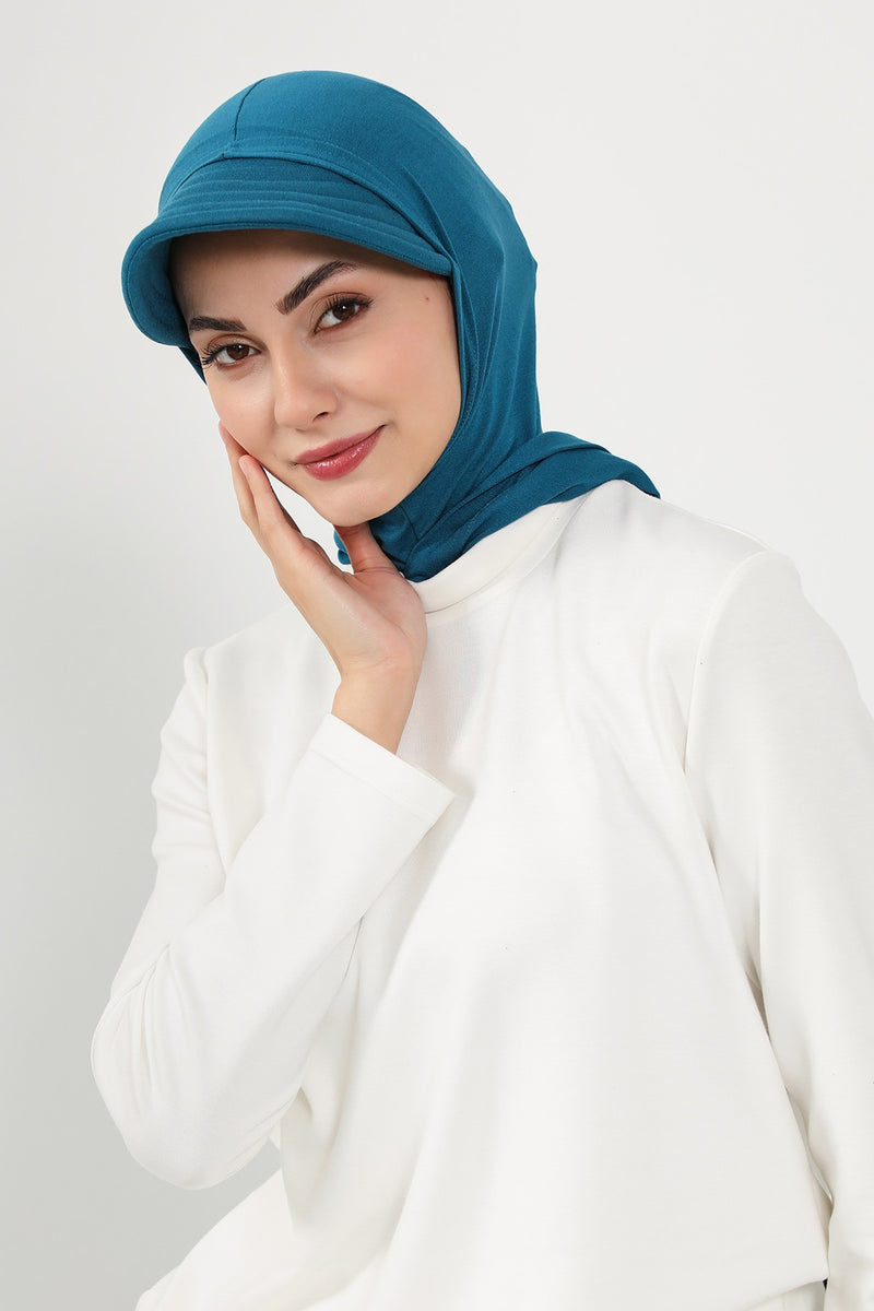 Full Coverage Cotton Bonnet Hijab with Visor, Ready to Wear Modest Visor Underscarf Bonnet with Neck Cover,B-88P Petrol Blue
