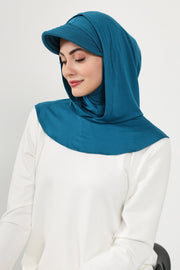 Full Coverage Cotton Bonnet Hijab with Visor, Ready to Wear Modest Visor Underscarf Bonnet with Neck Cover,B-88P Petrol Blue