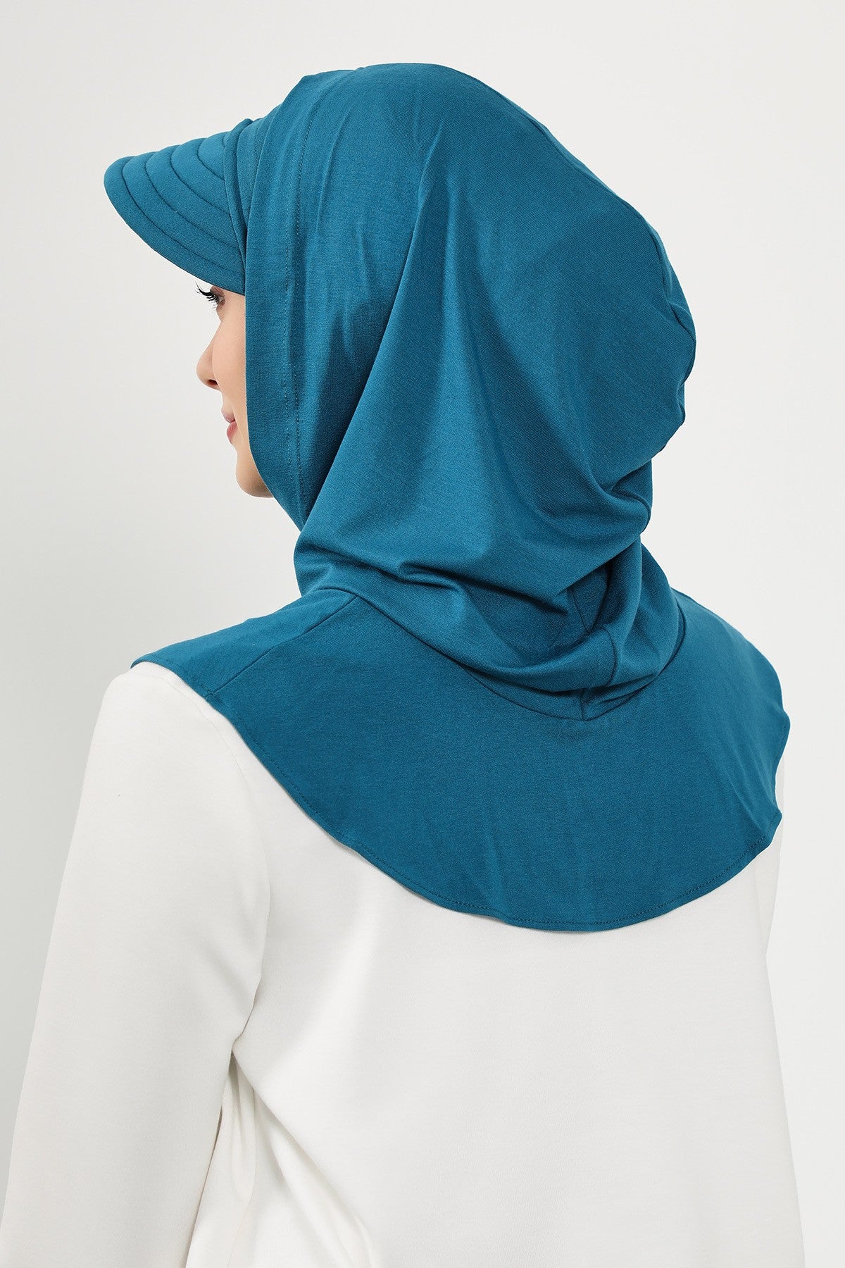 Full Coverage Cotton Bonnet Hijab with Visor, Ready to Wear Modest Visor Underscarf Bonnet with Neck Cover,B-88P Petrol Blue