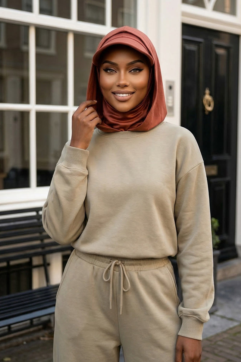 Full Coverage Cotton Bonnet Hijab with Visor, Ready to Wear Modest Visor Underscarf Bonnet with Neck Cover,B-88P Cinnamon