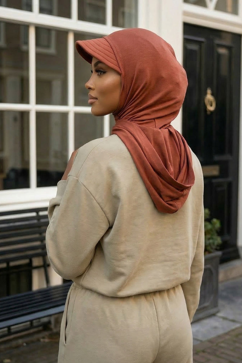 Full Coverage Cotton Bonnet Hijab with Visor, Ready to Wear Modest Visor Underscarf Bonnet with Neck Cover,B-88P Cinnamon