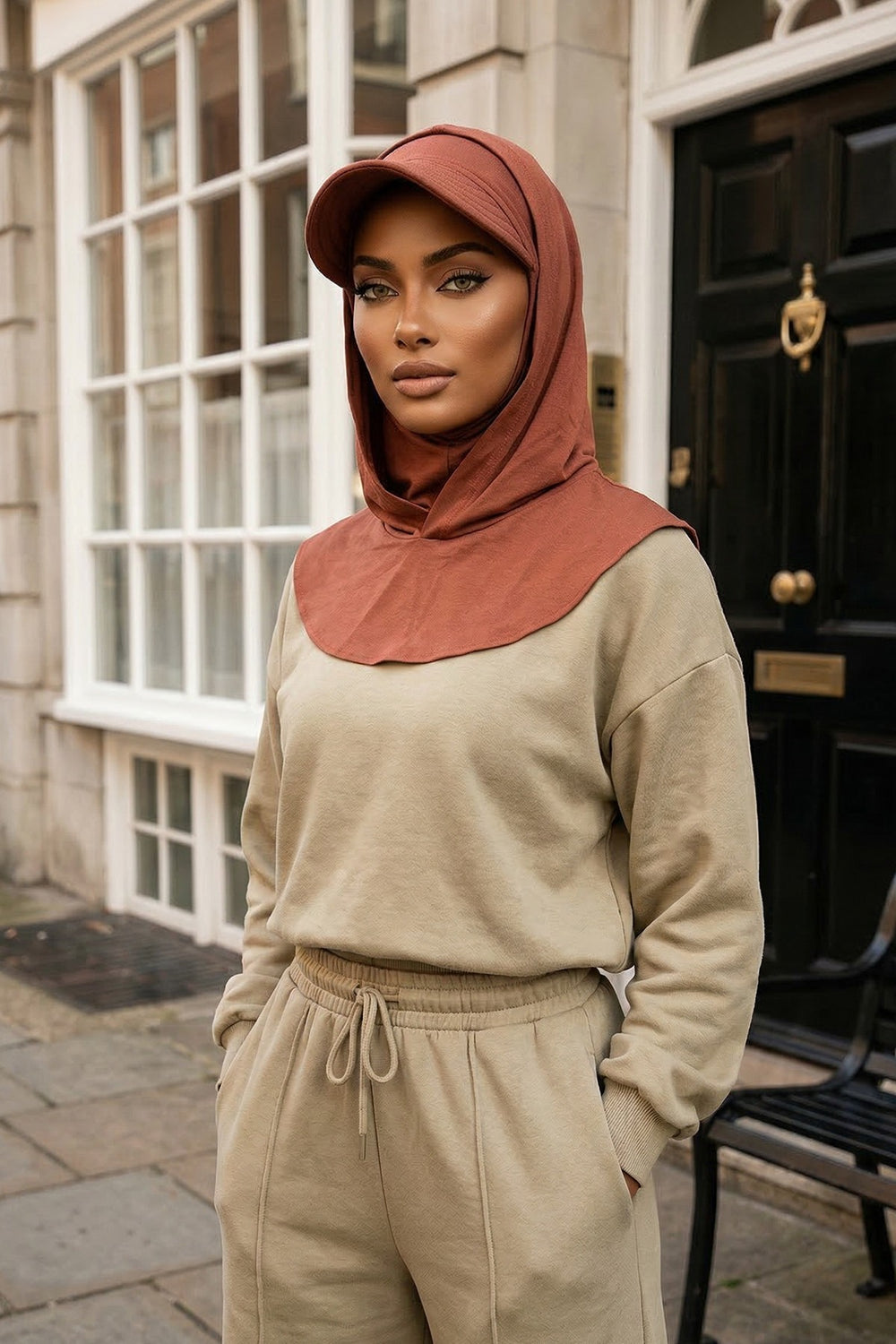 Full Coverage Cotton Bonnet Hijab with Visor, Ready to Wear Modest Visor Underscarf Bonnet with Neck Cover,B-88P Cinnamon