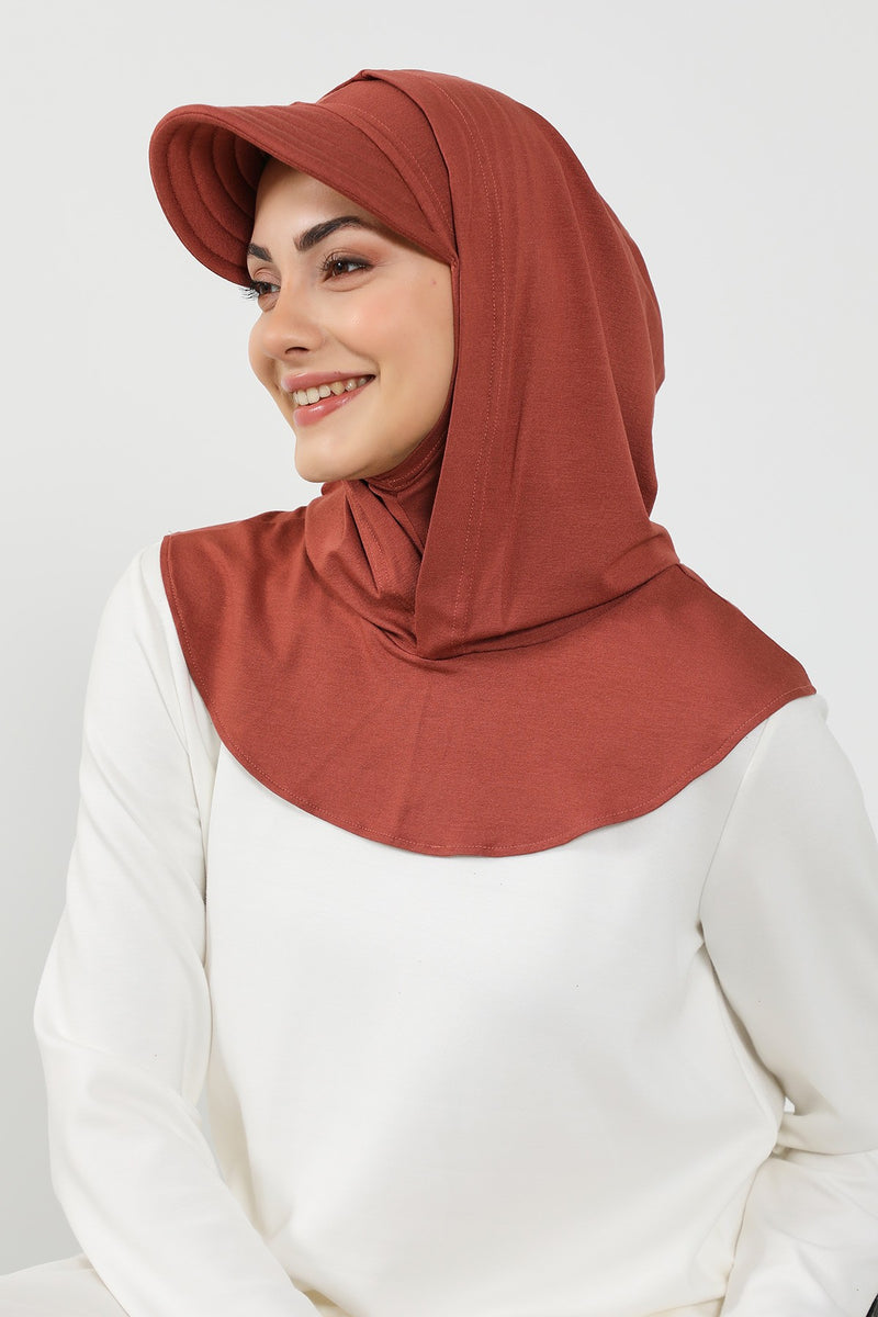 Full Coverage Cotton Bonnet Hijab with Visor, Ready to Wear Modest Visor Underscarf Bonnet with Neck Cover,B-88P Cinnamon