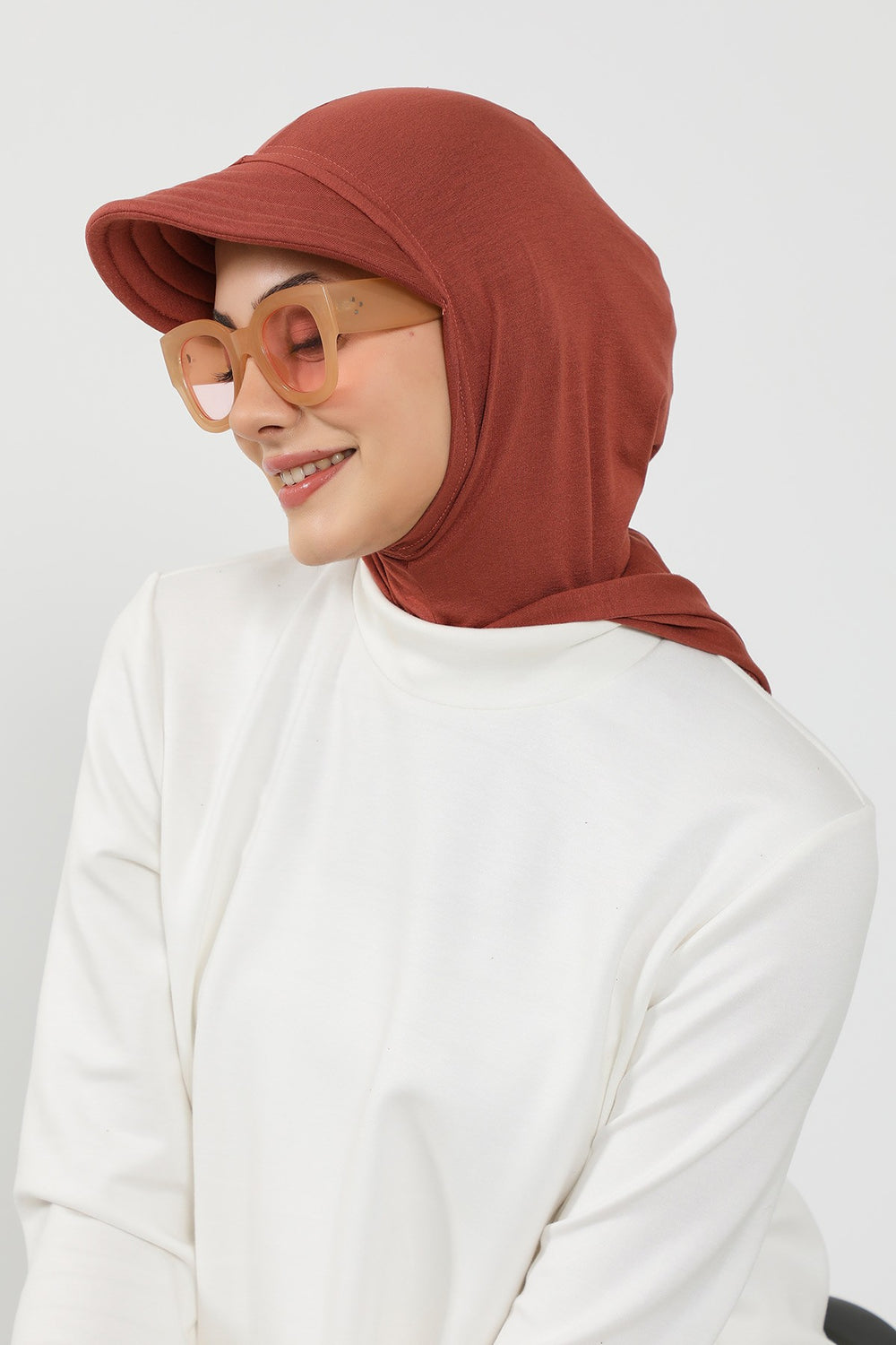 Full Coverage Cotton Bonnet Hijab with Visor, Ready to Wear Modest Visor Underscarf Bonnet with Neck Cover,B-88P Cinnamon
