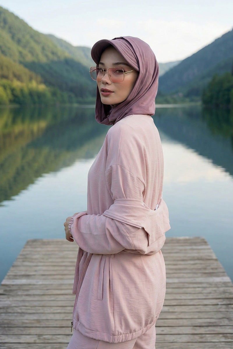 Full Coverage Cotton Bonnet Hijab with Visor, Ready to Wear Modest Visor Underscarf Bonnet with Neck Cover,B-88P Dusty Rose