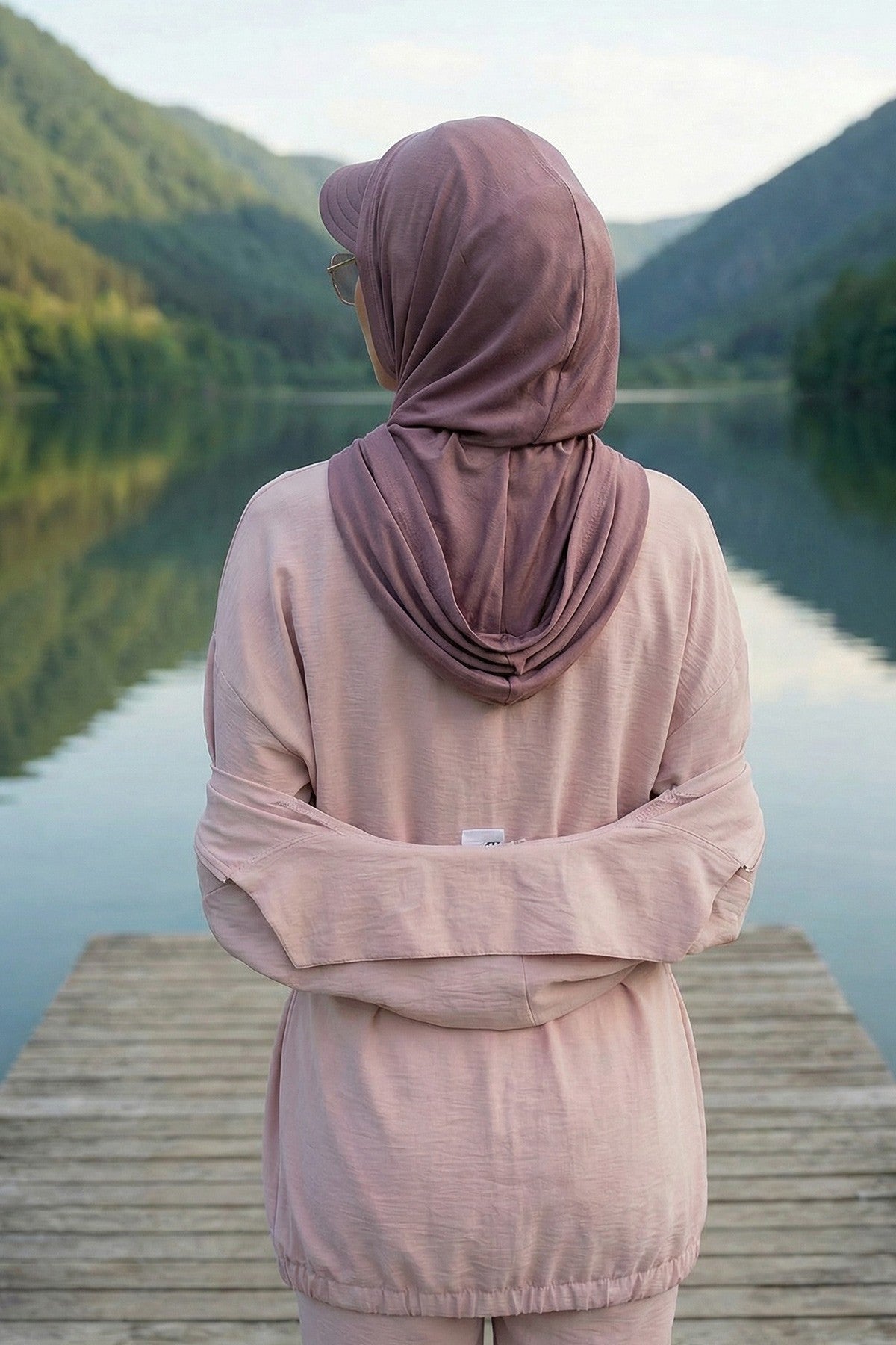 Full Coverage Cotton Bonnet Hijab with Visor, Ready to Wear Modest Visor Underscarf Bonnet with Neck Cover,B-88P Dusty Rose