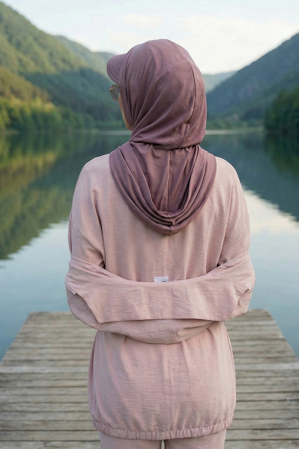 Full Coverage Cotton Bonnet Hijab with Visor, Ready to Wear Modest Visor Underscarf Bonnet with Neck Cover,B-88P Dusty Rose