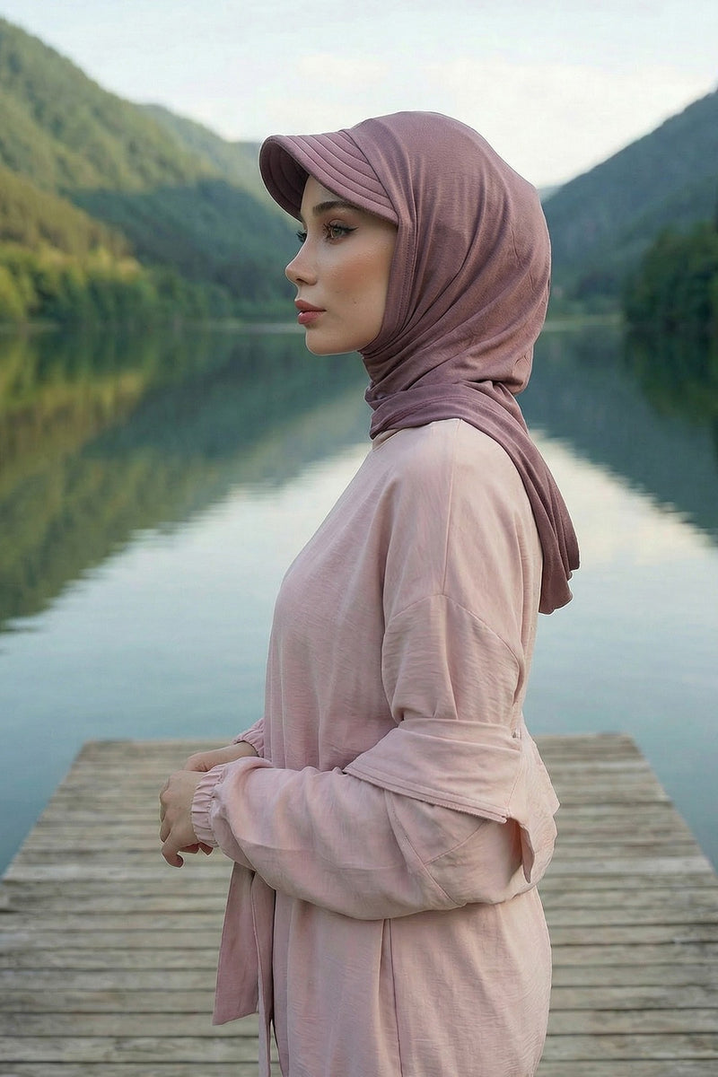 Full Coverage Cotton Bonnet Hijab with Visor, Ready to Wear Modest Visor Underscarf Bonnet with Neck Cover,B-88P Dusty Rose