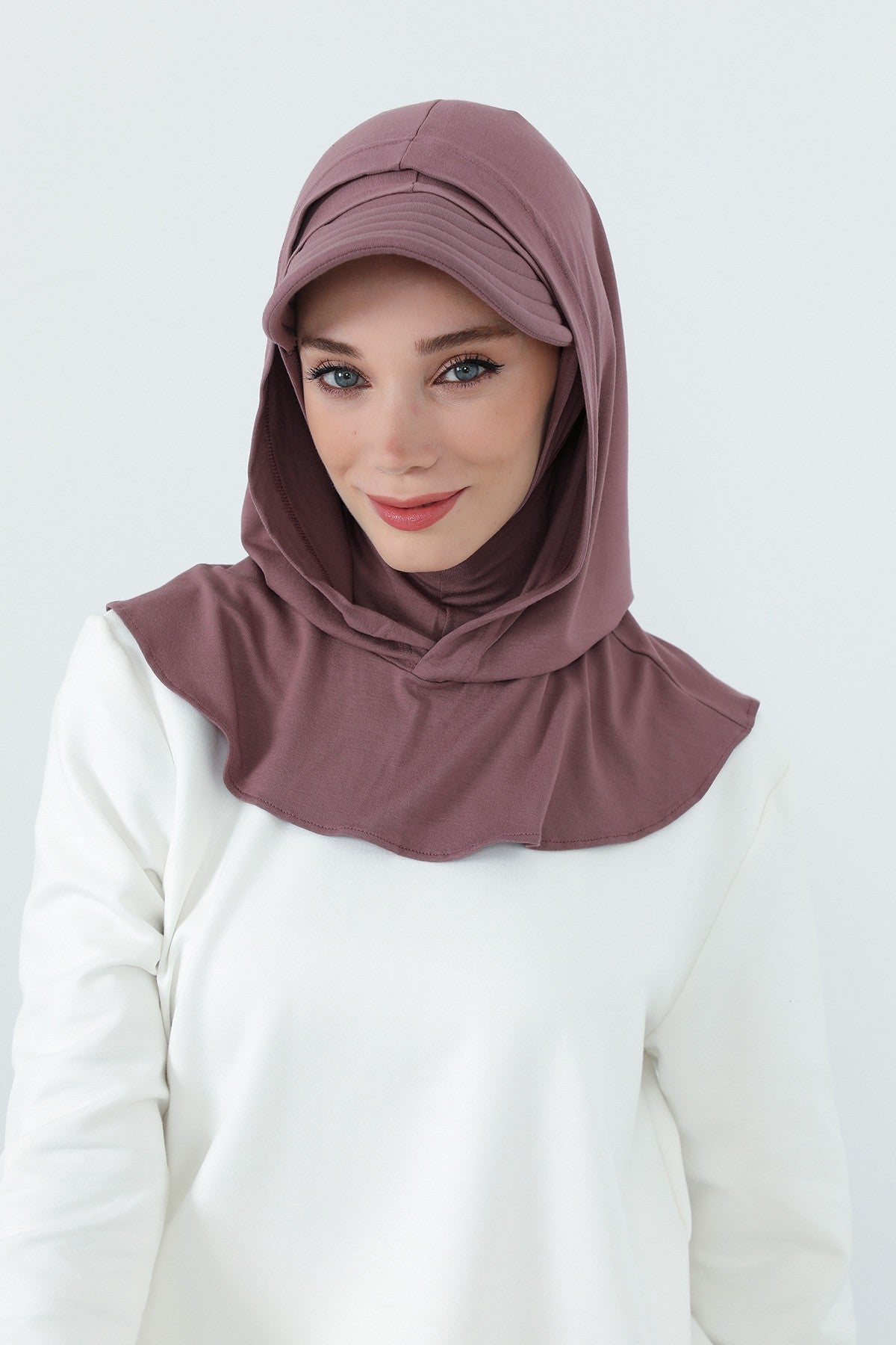 Full Coverage Cotton Bonnet Hijab with Visor, Ready to Wear Modest Visor Underscarf Bonnet with Neck Cover,B-88P Dusty Rose