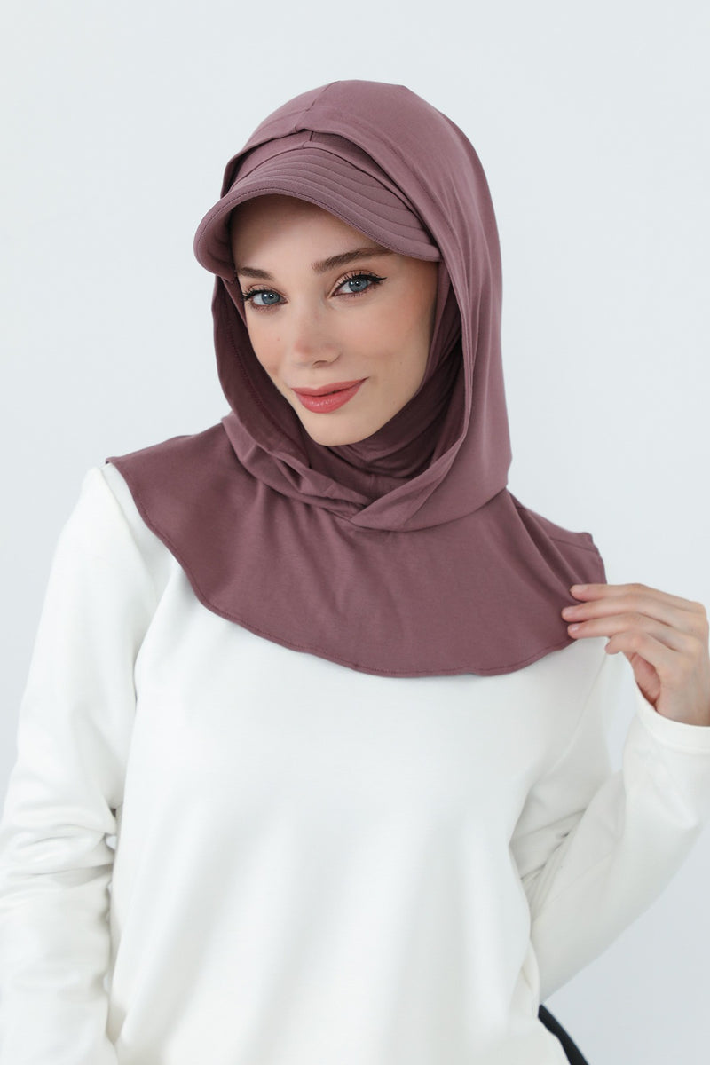 Full Coverage Cotton Bonnet Hijab with Visor, Ready to Wear Modest Visor Underscarf Bonnet with Neck Cover,B-88P Dusty Rose