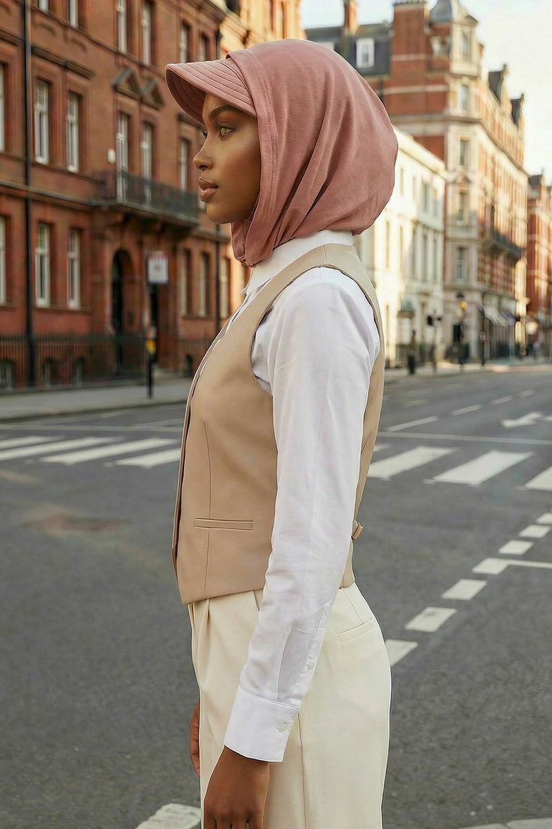 Full Coverage Cotton Bonnet Hijab with Visor, Ready to Wear Modest Visor Underscarf Bonnet with Neck Cover,B-88P Cappucino