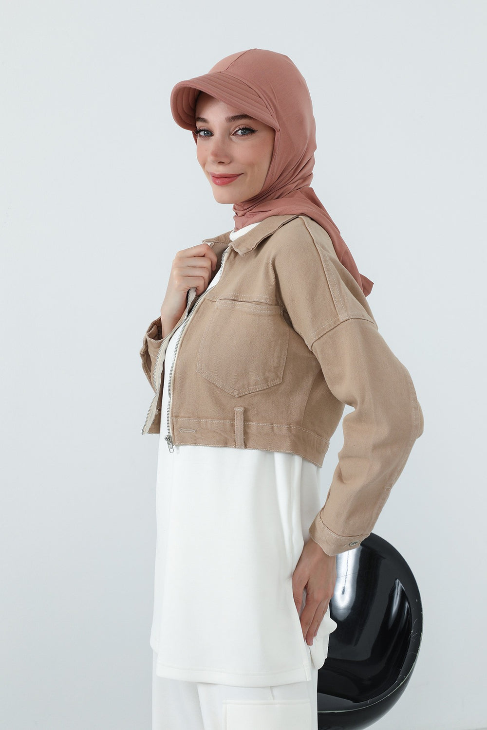 Full Coverage Cotton Bonnet Hijab with Visor, Ready to Wear Modest Visor Underscarf Bonnet with Neck Cover,B-88P Cappucino