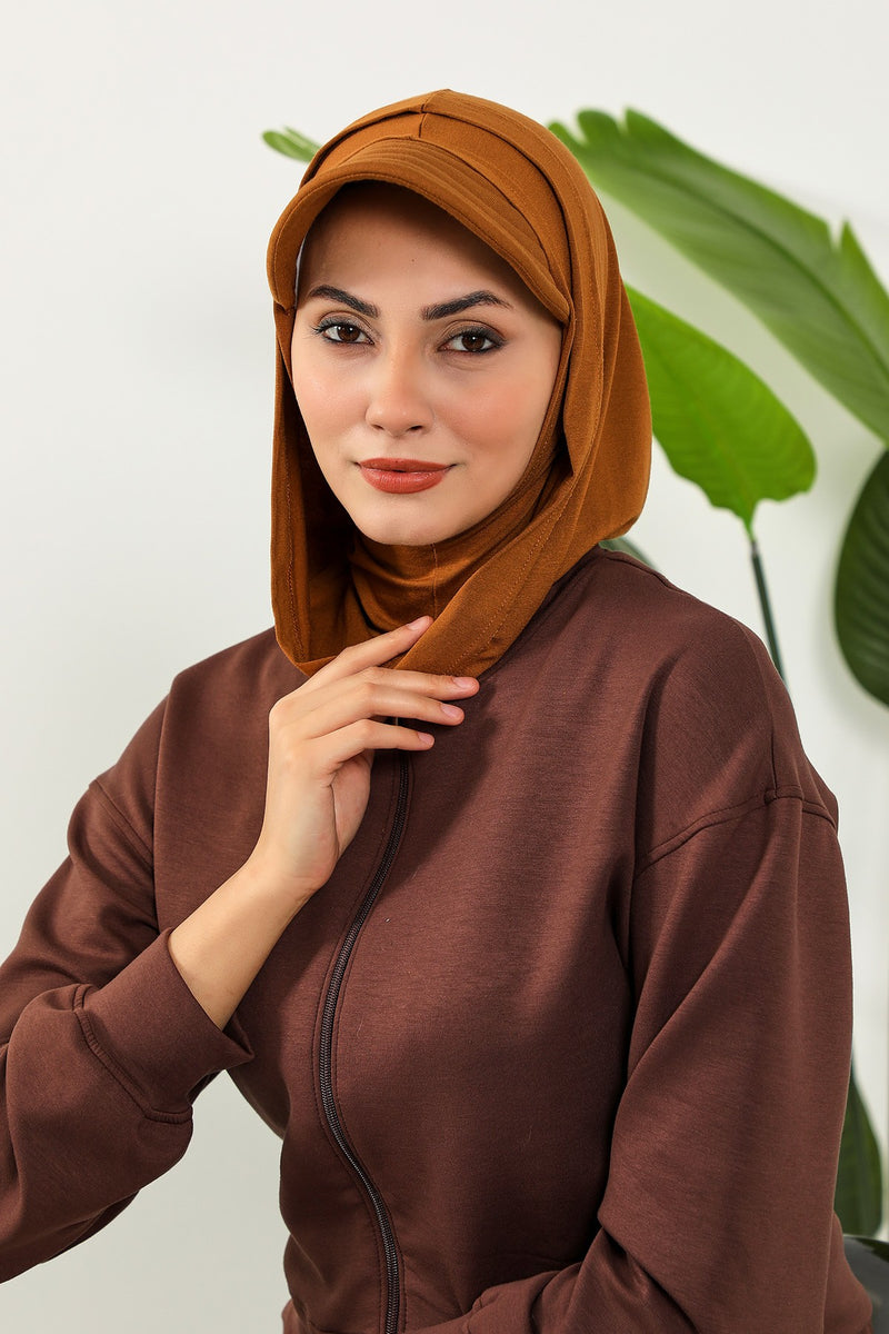 Full Coverage Cotton Bonnet Hijab with Visor, Ready to Wear Modest Visor Underscarf Bonnet with Neck Cover,B-88P Dark Mustard