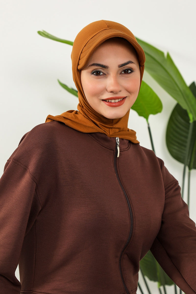 Full Coverage Cotton Bonnet Hijab with Visor, Ready to Wear Modest Visor Underscarf Bonnet with Neck Cover,B-88P Dark Mustard