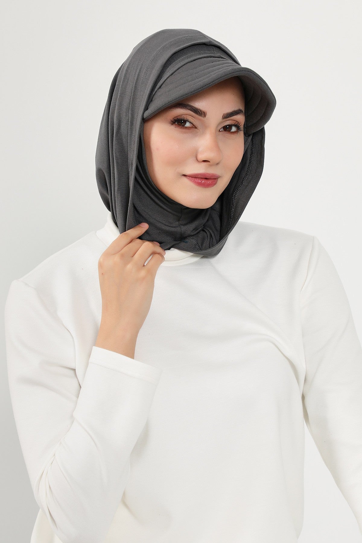 Full Coverage Cotton Bonnet Hijab with Visor, Ready to Wear Modest Visor Underscarf Bonnet with Neck Cover,B-88P Anthracite