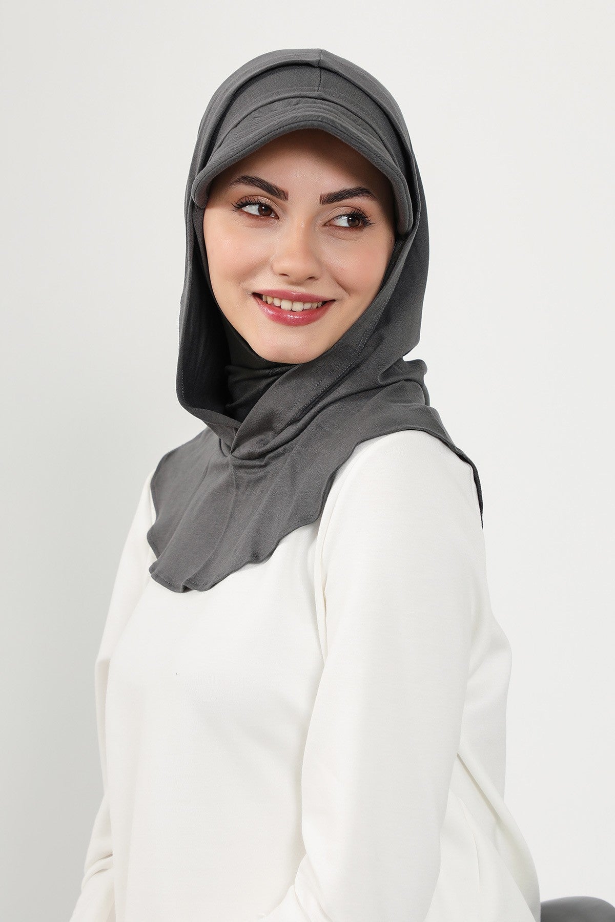 Full Coverage Cotton Bonnet Hijab with Visor, Ready to Wear Modest Visor Underscarf Bonnet with Neck Cover,B-88P Anthracite