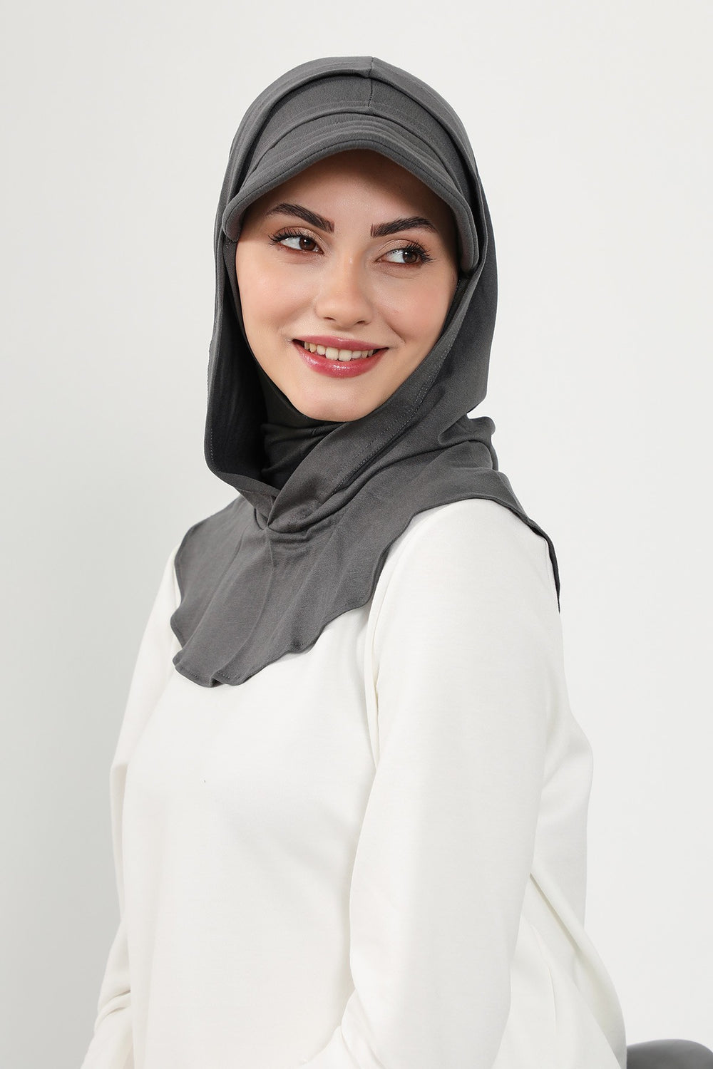Full Coverage Cotton Bonnet Hijab with Visor, Ready to Wear Modest Visor Underscarf Bonnet with Neck Cover,B-88P Anthracite