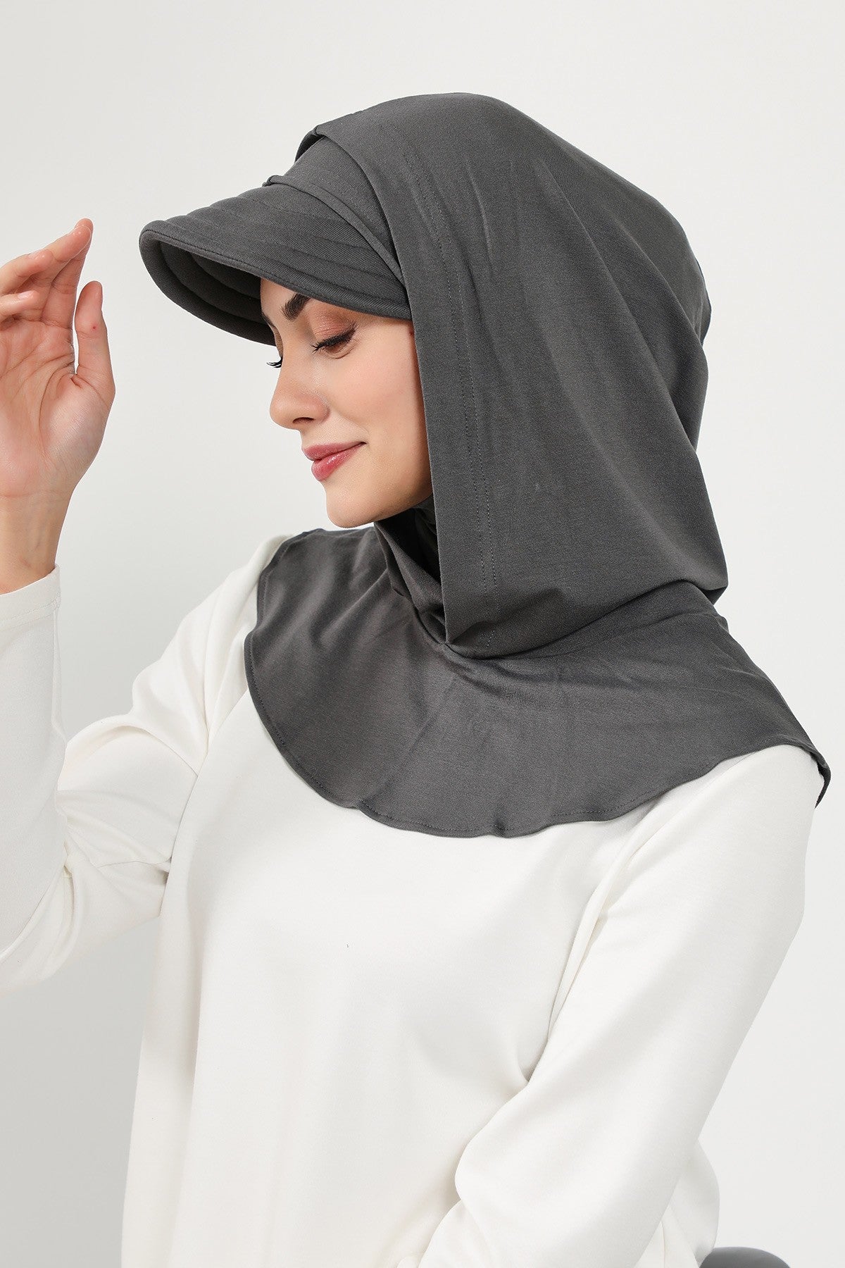 Full Coverage Cotton Bonnet Hijab with Visor, Ready to Wear Modest Visor Underscarf Bonnet with Neck Cover,B-88P Anthracite