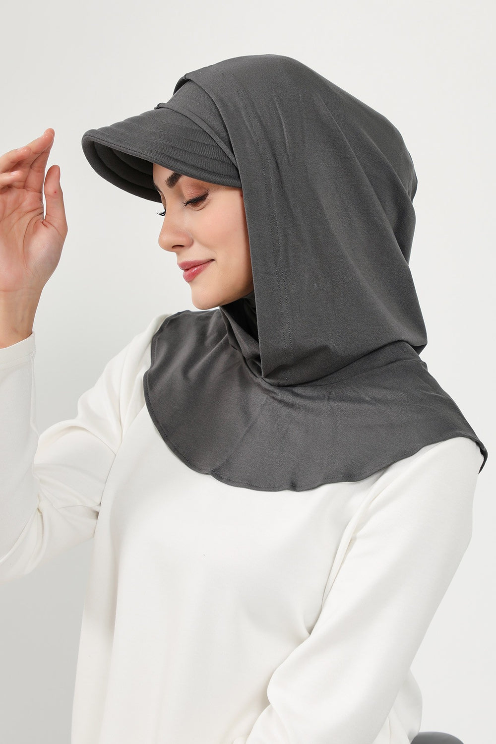 Full Coverage Cotton Bonnet Hijab with Visor, Ready to Wear Modest Visor Underscarf Bonnet with Neck Cover,B-88P Anthracite