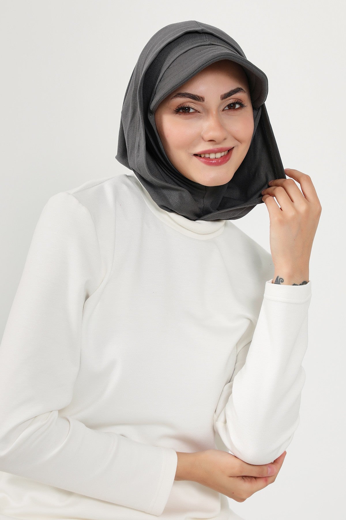 Full Coverage Cotton Bonnet Hijab with Visor, Ready to Wear Modest Visor Underscarf Bonnet with Neck Cover,B-88P Anthracite