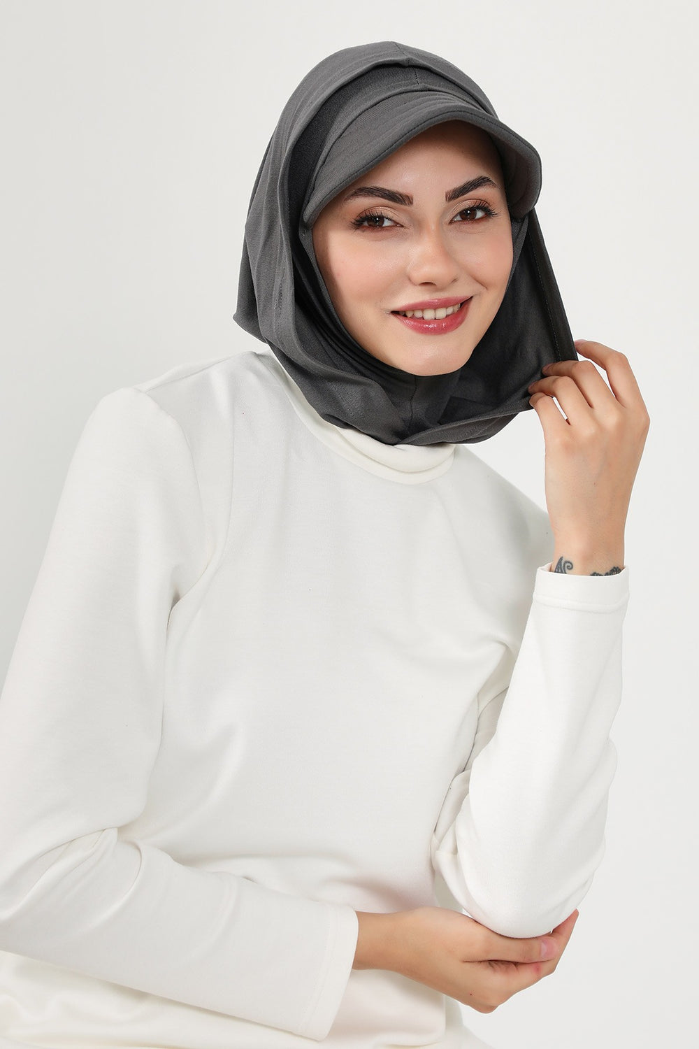 Full Coverage Cotton Bonnet Hijab with Visor, Ready to Wear Modest Visor Underscarf Bonnet with Neck Cover,B-88P Anthracite