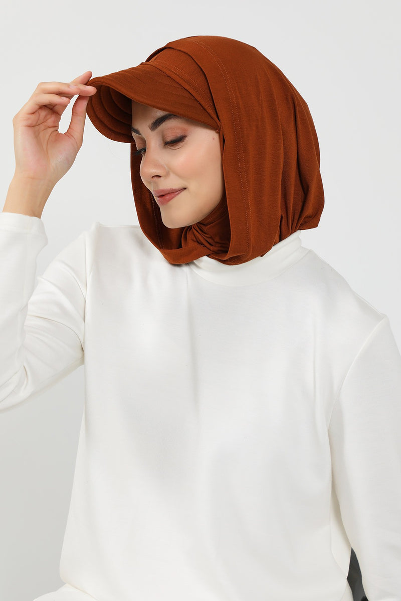 Full Coverage Cotton Bonnet Hijab with Visor, Ready to Wear Modest Visor Underscarf Bonnet with Neck Cover,B-88P Tile Red