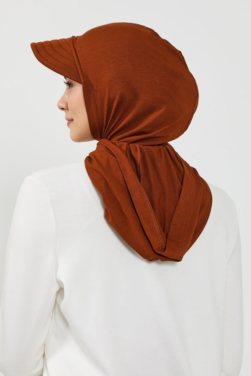 Full Coverage Cotton Bonnet Hijab with Visor, Ready to Wear Modest Visor Underscarf Bonnet with Neck Cover,B-88P Tile Red