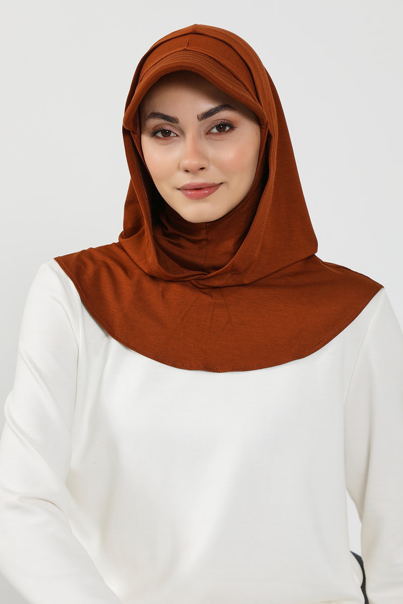 Full Coverage Cotton Bonnet Hijab with Visor, Ready to Wear Modest Visor Underscarf Bonnet with Neck Cover,B-88P Tile Red