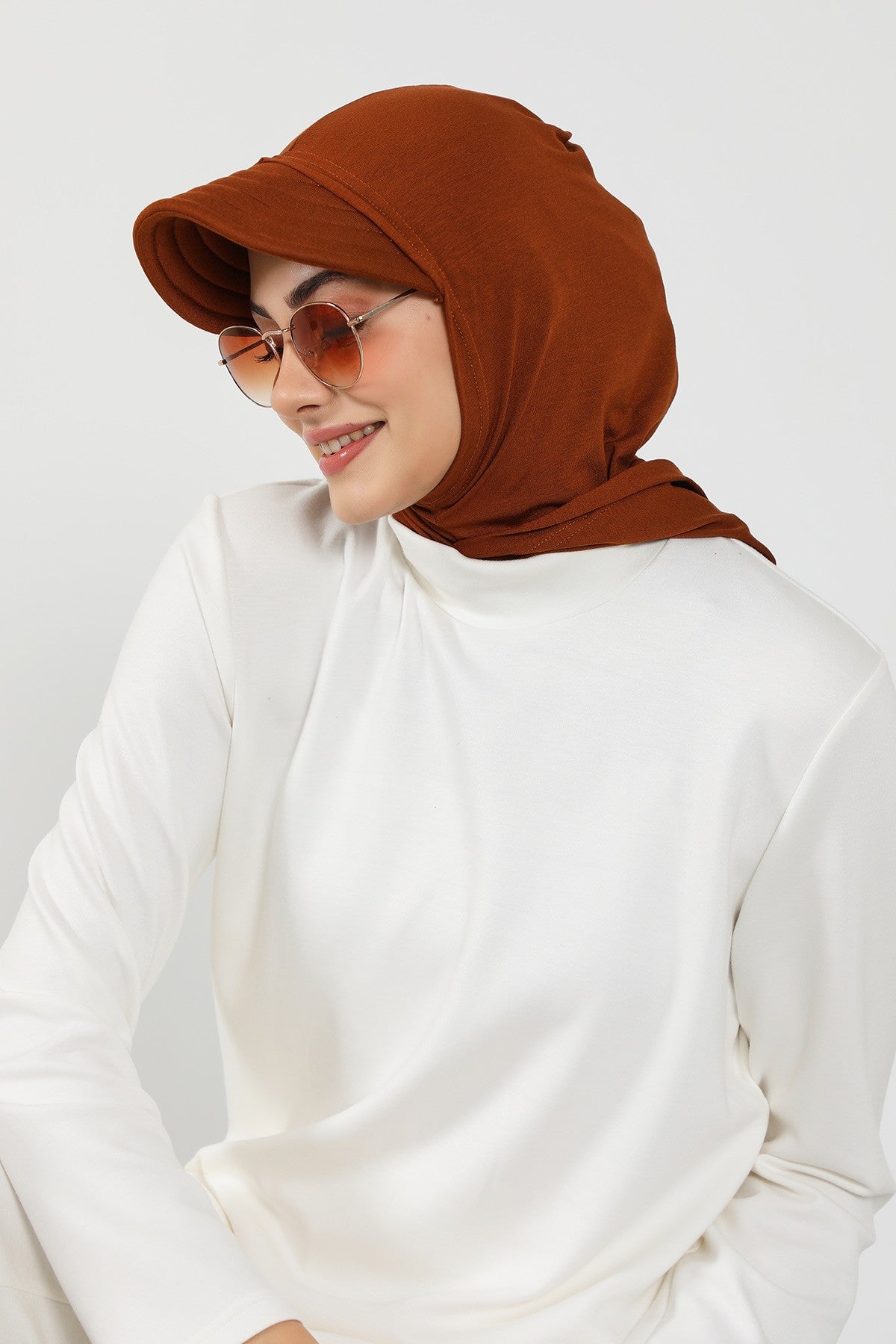 Full Coverage Cotton Bonnet Hijab with Visor, Ready to Wear Modest Visor Underscarf Bonnet with Neck Cover,B-88P Tile Red