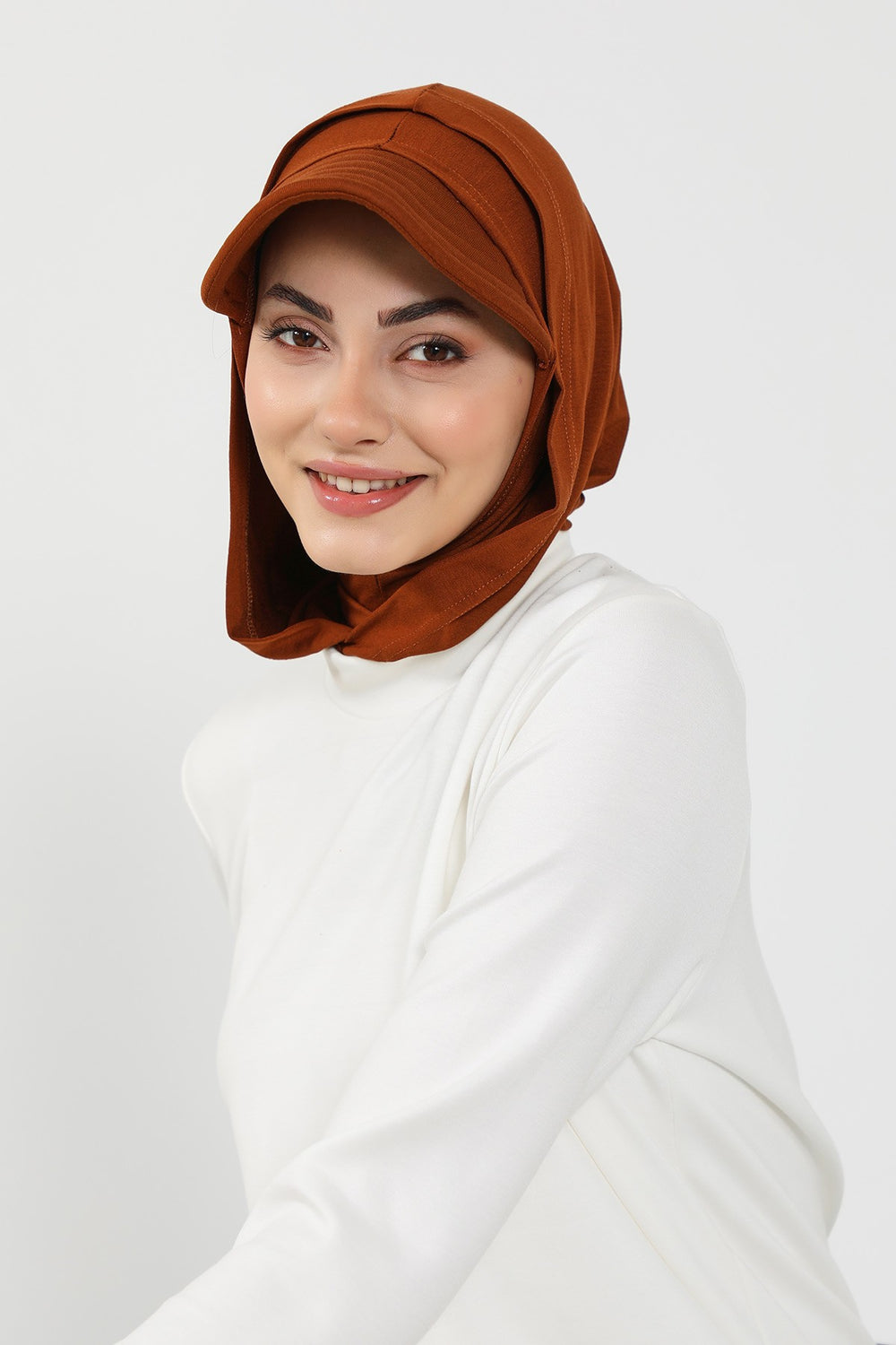 Full Coverage Cotton Bonnet Hijab with Visor, Ready to Wear Modest Visor Underscarf Bonnet with Neck Cover,B-88P Tile Red