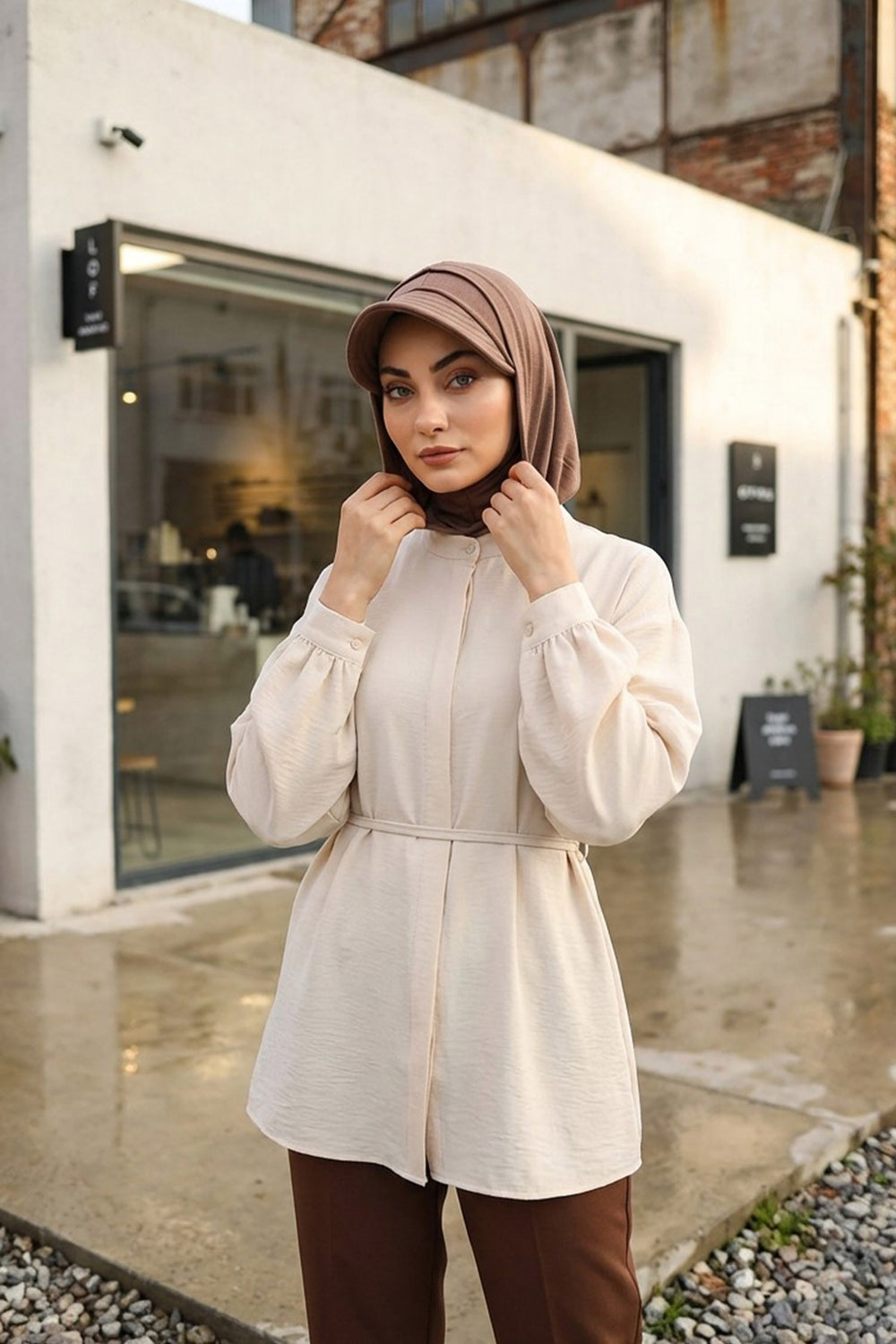 Full Coverage Cotton Bonnet Hijab with Visor, Ready to Wear Modest Visor Underscarf Bonnet with Neck Cover,B-88P Chocolate