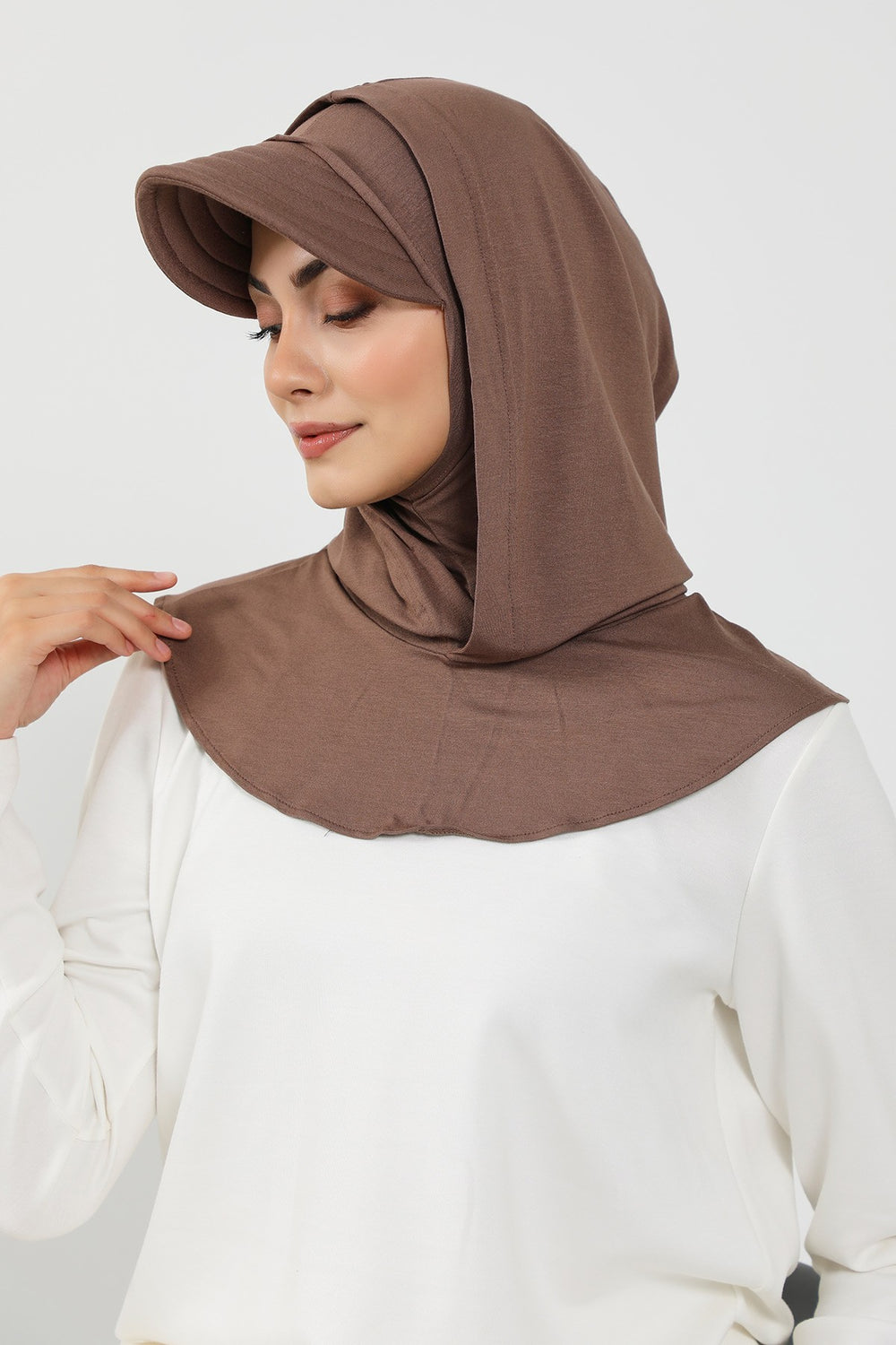 Full Coverage Cotton Bonnet Hijab with Visor, Ready to Wear Modest Visor Underscarf Bonnet with Neck Cover,B-88P Chocolate