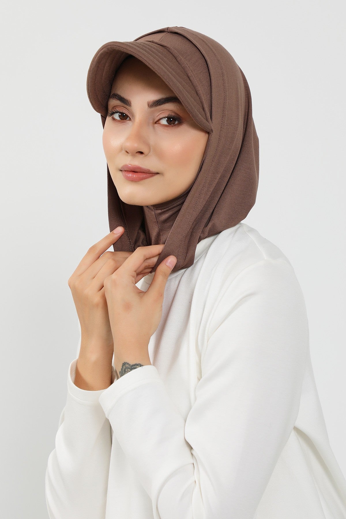 Full Coverage Cotton Bonnet Hijab with Visor, Ready to Wear Modest Visor Underscarf Bonnet with Neck Cover,B-88P Chocolate