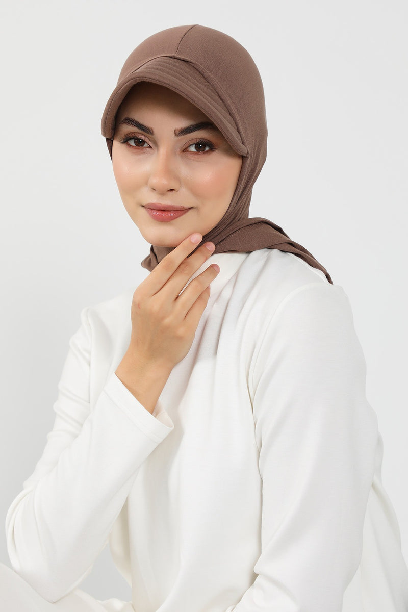 Full Coverage Cotton Bonnet Hijab with Visor, Ready to Wear Modest Visor Underscarf Bonnet with Neck Cover,B-88P Chocolate