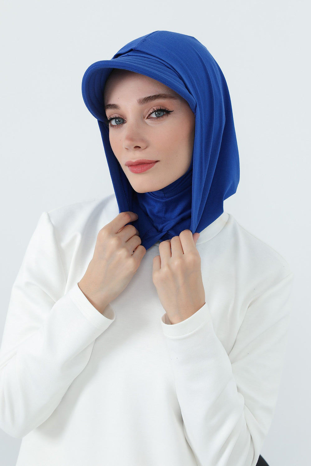 Full Coverage Cotton Bonnet Hijab with Visor, Ready to Wear Modest Visor Underscarf Bonnet with Neck Cover,B-88P Sax Blue