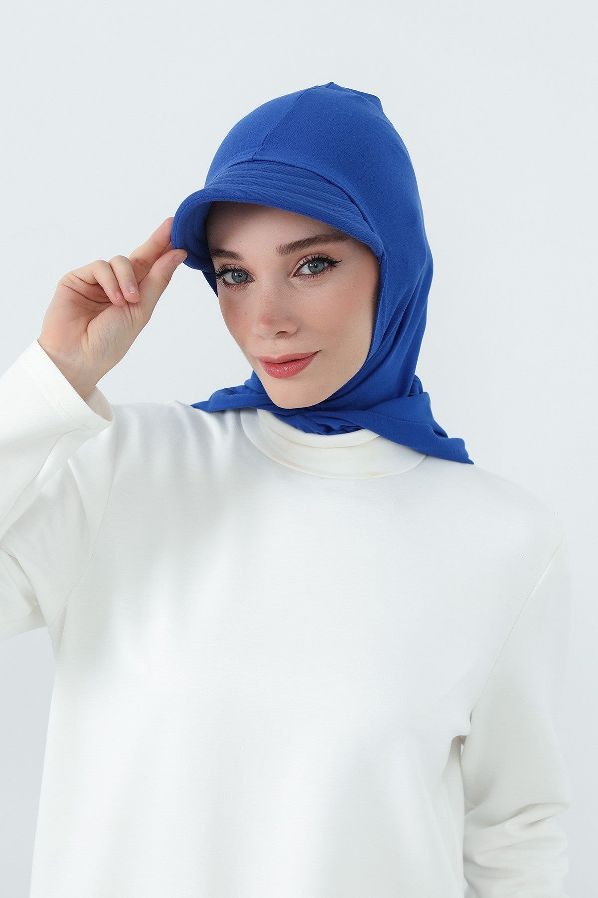 Full Coverage Cotton Bonnet Hijab with Visor, Ready to Wear Modest Visor Underscarf Bonnet with Neck Cover,B-88P Sax Blue