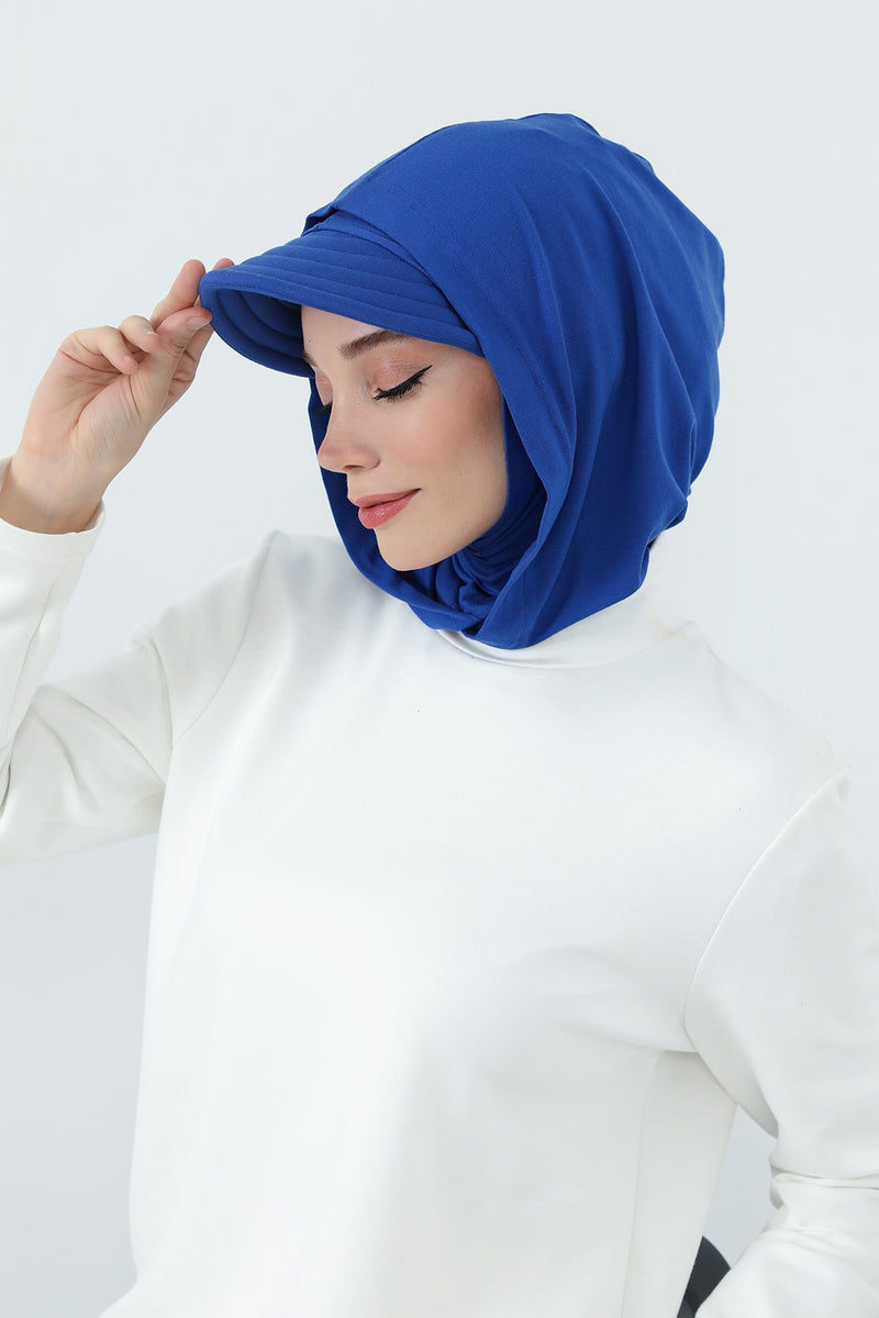 Full Coverage Cotton Bonnet Hijab with Visor, Ready to Wear Modest Visor Underscarf Bonnet with Neck Cover,B-88P Sax Blue
