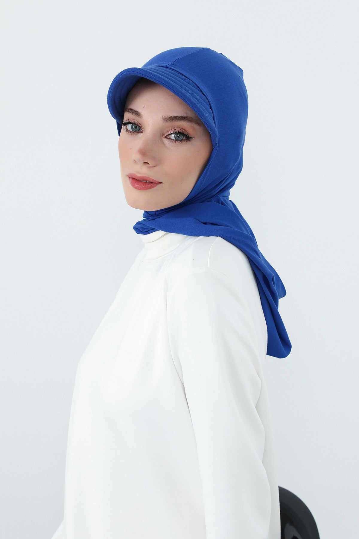 Full Coverage Cotton Bonnet Hijab with Visor, Ready to Wear Modest Visor Underscarf Bonnet with Neck Cover,B-88P Sax Blue
