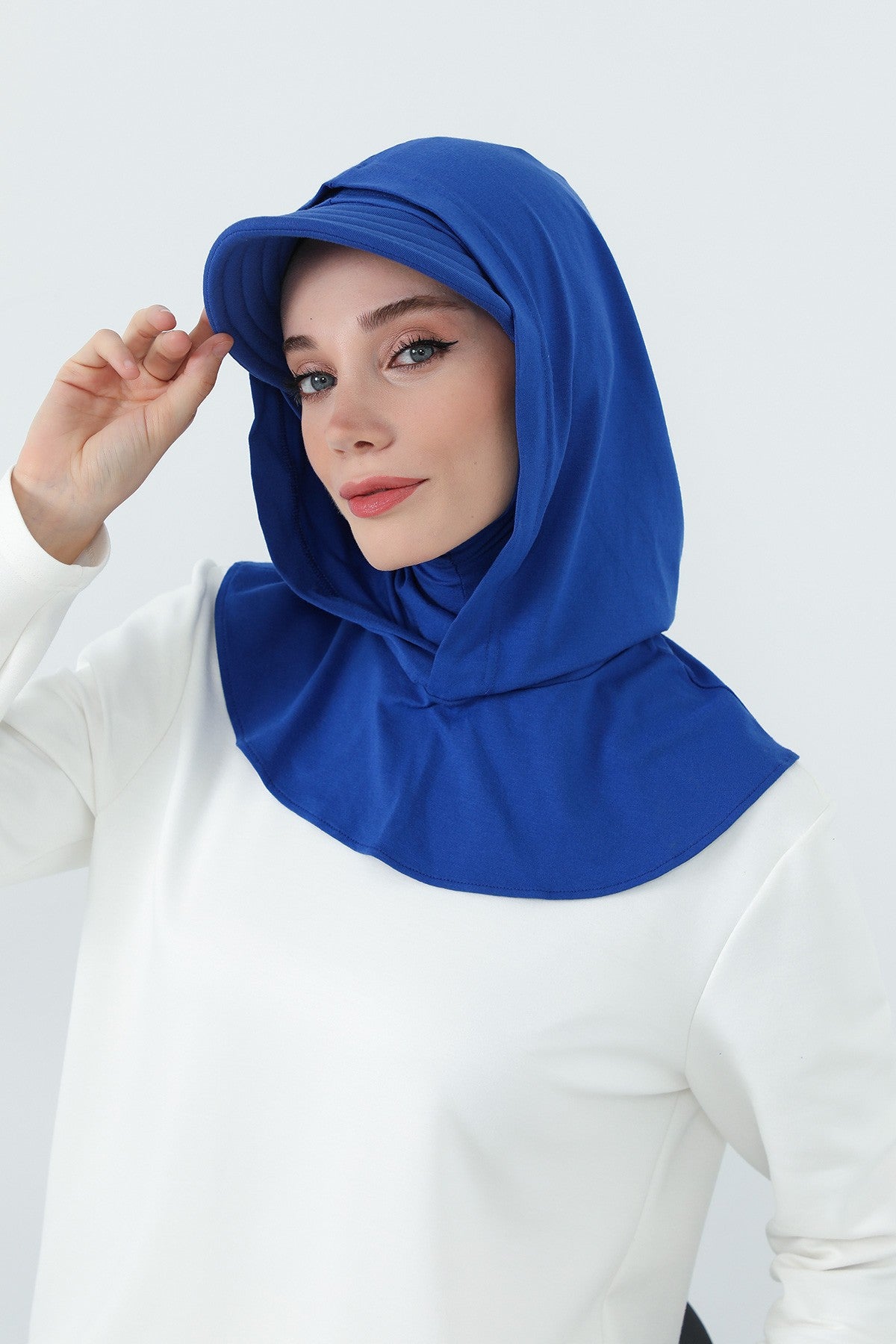 Full Coverage Cotton Bonnet Hijab with Visor, Ready to Wear Modest Visor Underscarf Bonnet with Neck Cover,B-88P Sax Blue