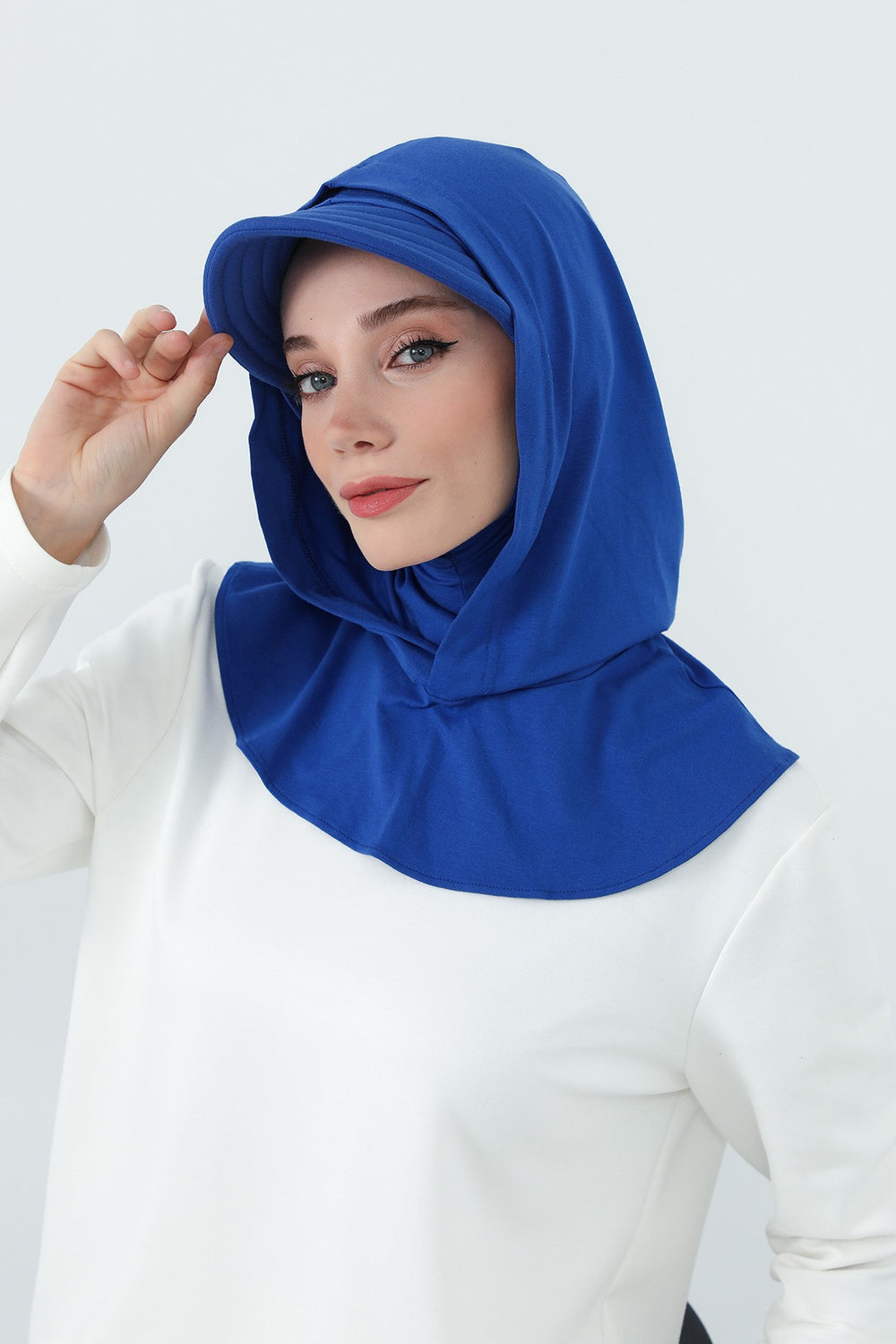 Full Coverage Cotton Bonnet Hijab with Visor, Ready to Wear Modest Visor Underscarf Bonnet with Neck Cover,B-88P Sax Blue