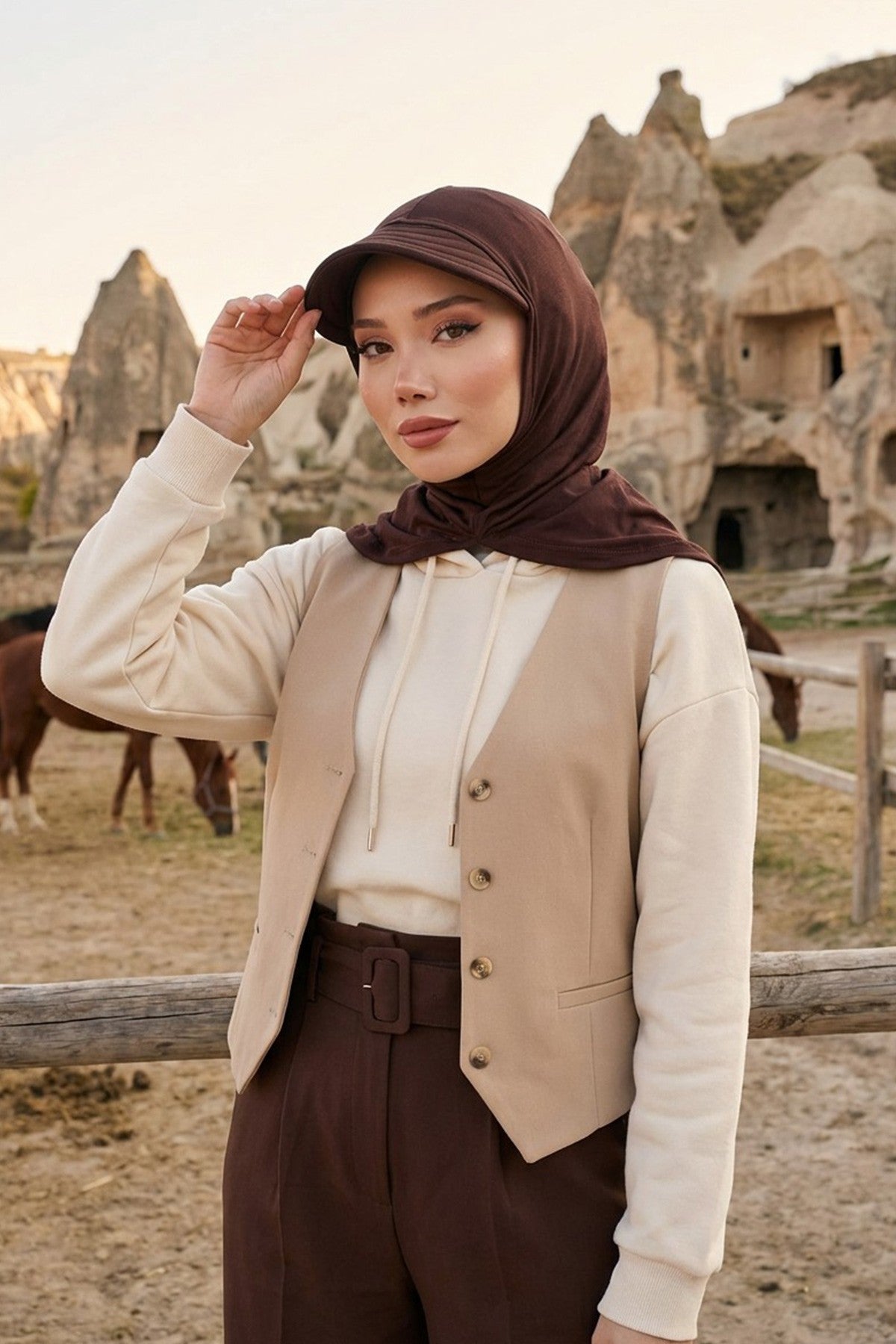 Full Coverage Cotton Bonnet Hijab with Visor, Ready to Wear Modest Visor Underscarf Bonnet with Neck Cover,B-88P Brown