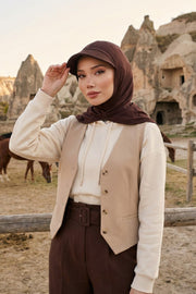Full Coverage Cotton Bonnet Hijab with Visor, Ready to Wear Modest Visor Underscarf Bonnet with Neck Cover,B-88P Brown