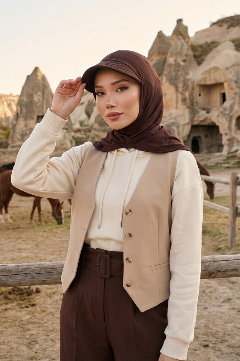 Full Coverage Cotton Bonnet Hijab with Visor, Ready to Wear Modest Visor Underscarf Bonnet with Neck Cover,B-88P Brown