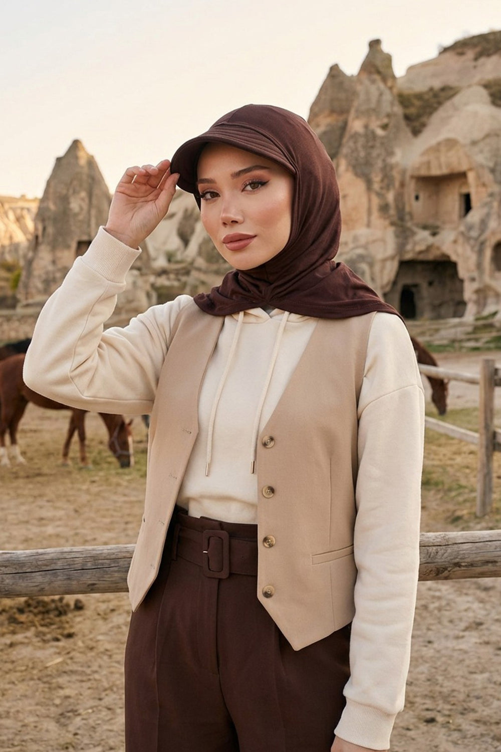 Full Coverage Cotton Bonnet Hijab with Visor, Ready to Wear Modest Visor Underscarf Bonnet with Neck Cover,B-88P Brown
