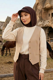 Full Coverage Cotton Bonnet Hijab with Visor, Ready to Wear Modest Visor Underscarf Bonnet with Neck Cover,B-88P Brown