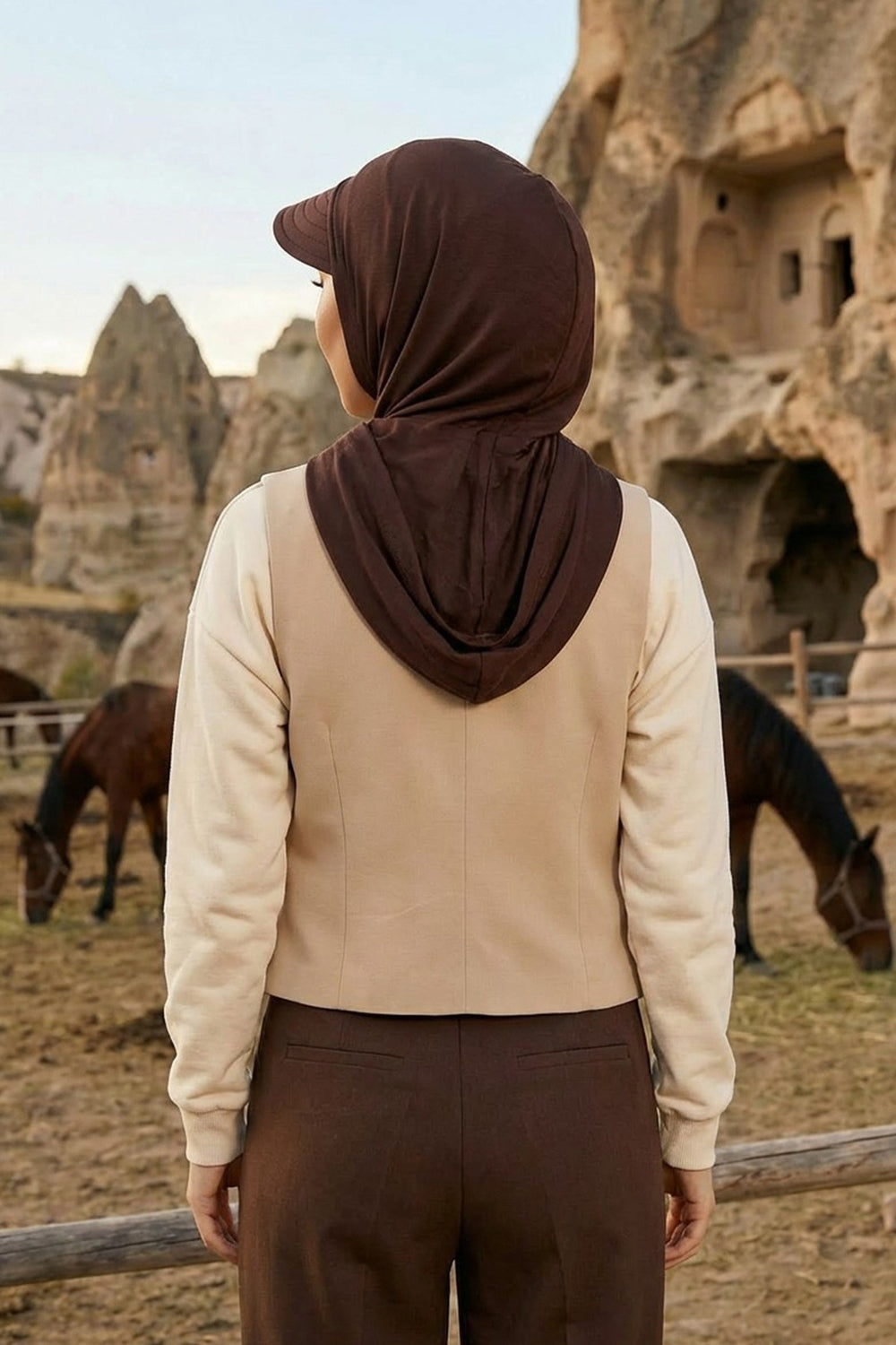 Full Coverage Cotton Bonnet Hijab with Visor, Ready to Wear Modest Visor Underscarf Bonnet with Neck Cover,B-88P Brown
