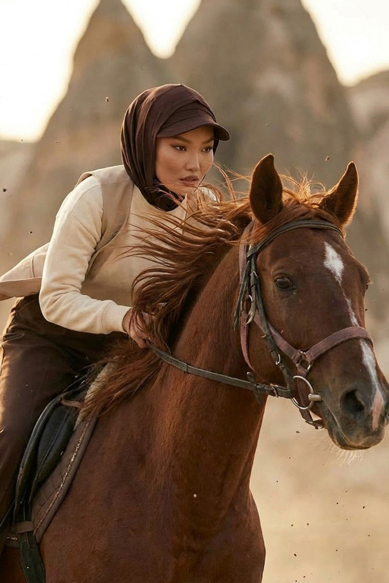 Full Coverage Cotton Bonnet Hijab with Visor, Ready to Wear Modest Visor Underscarf Bonnet with Neck Cover,B-88P Brown