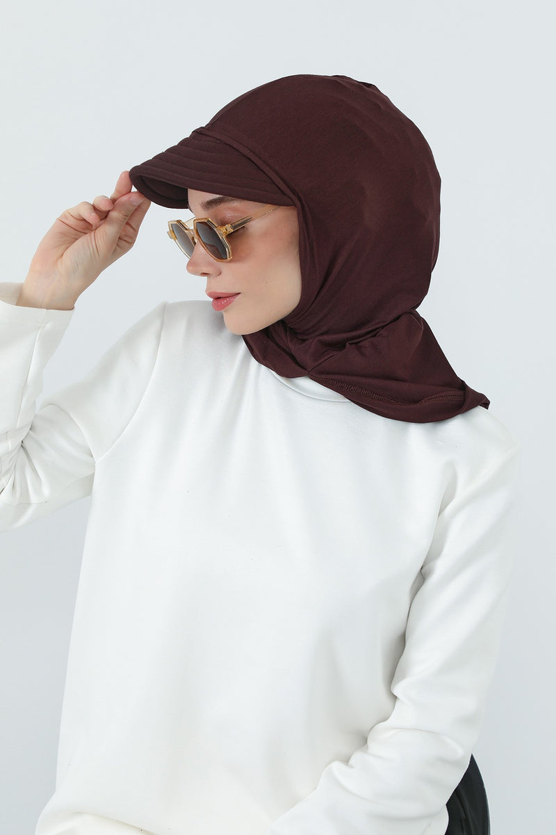 Full Coverage Cotton Bonnet Hijab with Visor, Ready to Wear Modest Visor Underscarf Bonnet with Neck Cover,B-88P Brown