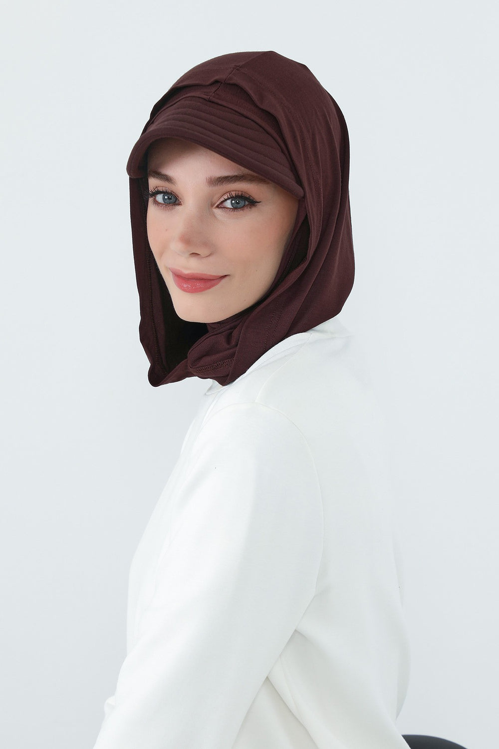 Full Coverage Cotton Bonnet Hijab with Visor, Ready to Wear Modest Visor Underscarf Bonnet with Neck Cover,B-88P Brown