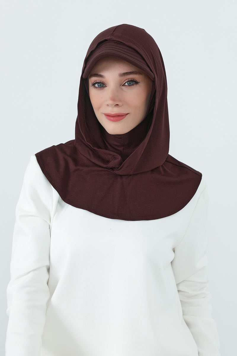 Full Coverage Cotton Bonnet Hijab with Visor, Ready to Wear Modest Visor Underscarf Bonnet with Neck Cover,B-88P Brown